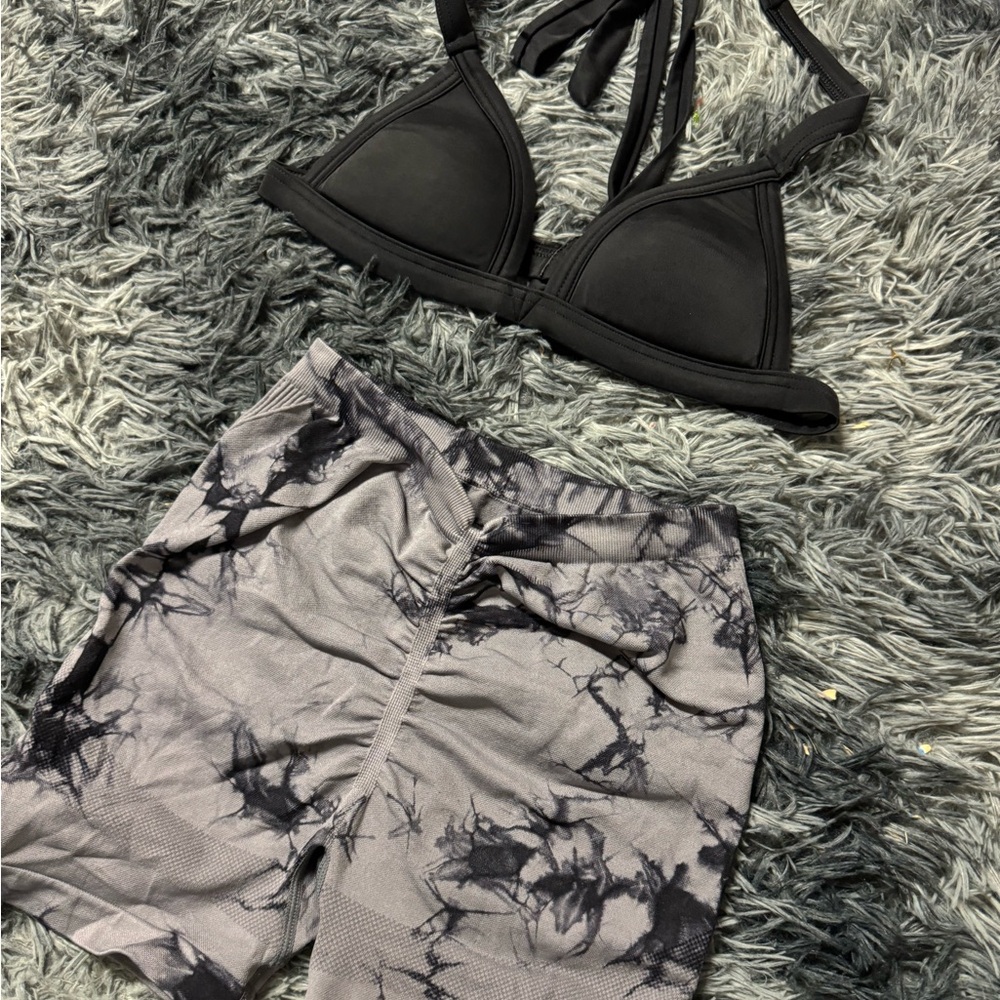 V cut gym shorts with scrunchy and top